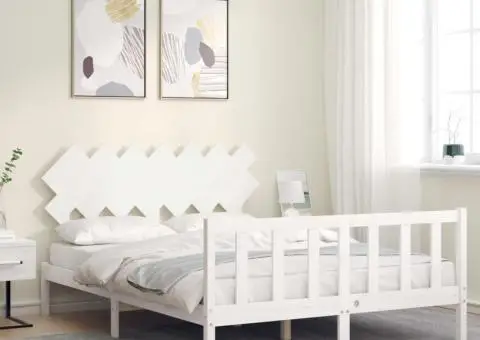 Cadru de pat cu tăblie, alb, king size, lemn masiv - 3/5