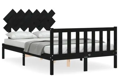 Cadru de pat cu tăblie dublu, negru, lemn masiv - 2/5