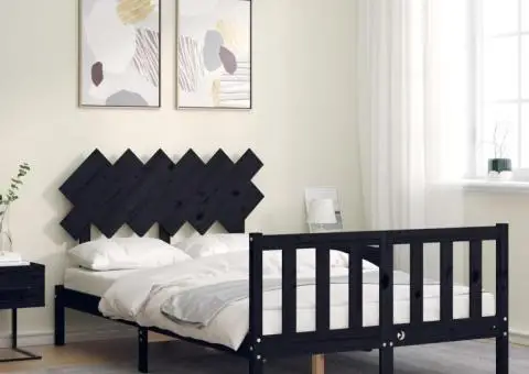 Cadru de pat cu tăblie dublu, negru, lemn masiv - 3/5