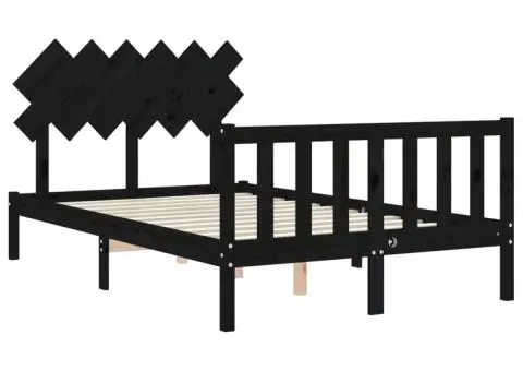 Cadru de pat cu tăblie dublu, negru, lemn masiv - 5/5
