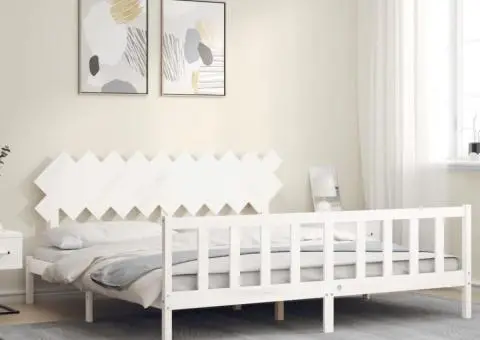 Cadru de pat fără saltea, alb, 200x200 cm, lemn masiv pin - 3/5