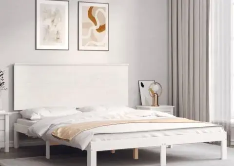 Cadru de pat cu tăblie, alb, king size, lemn masiv - 1/5