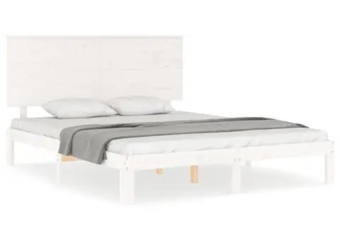 Cadru de pat cu tăblie, alb, king size, lemn masiv - 2/5