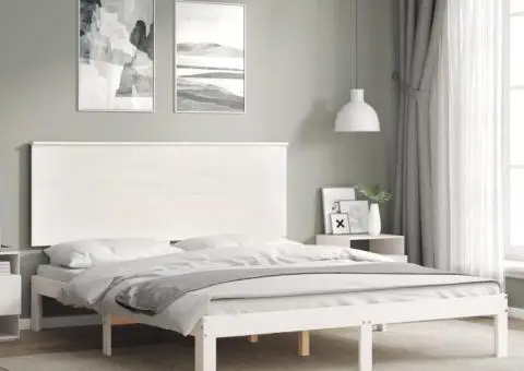 Cadru de pat cu tăblie, alb, king size, lemn masiv - 3/5