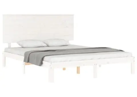 Cadru de pat cu tăblie, alb, king size, lemn masiv - 4/5