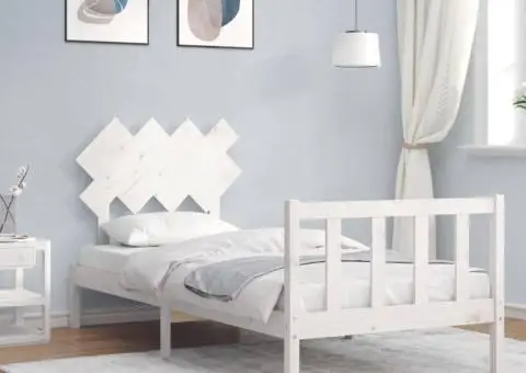 Cadru de pat cu tăblie single, alb, lemn masiv - 1/5
