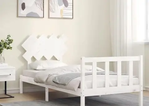 Cadru de pat cu tăblie single, alb, lemn masiv - 3/5