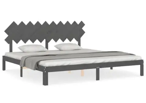 Cadru pat cu tăblie 200x200 cm, gri, lemn masiv - 2/5