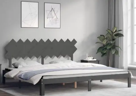 Cadru pat cu tăblie 200x200 cm, gri, lemn masiv - 3/5