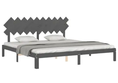 Cadru pat cu tăblie 200x200 cm, gri, lemn masiv - 4/5