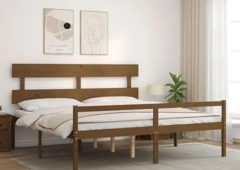 Cadru de pat senior cu tăblie, 200x200 cm maro miere lemn masiv - 3/5