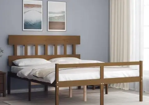 Cadru de pat senior cu tăblie, maro miere, king size lemn masiv - 1/5