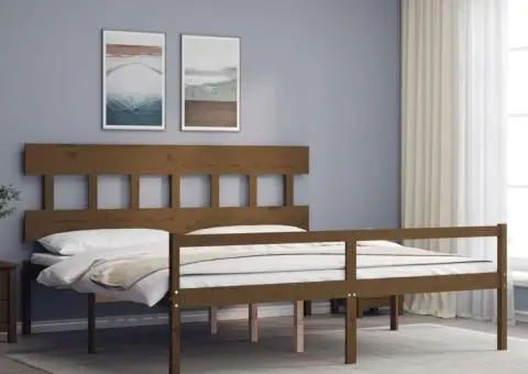 Cadru de pat senior cu tăblie, 200x200 cm maro miere lemn masiv - 1/5