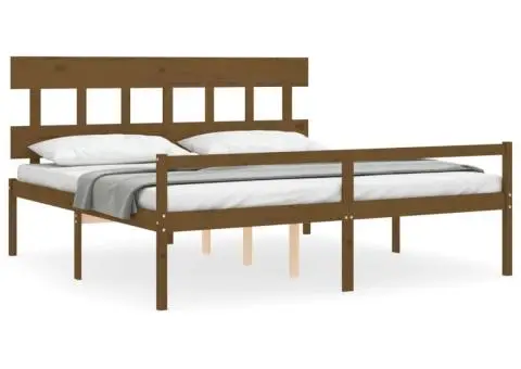 Cadru de pat senior cu tăblie, 200x200 cm maro miere lemn masiv - 2/5