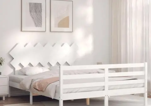 Cadru de pat cu tăblie, 140x190 cm, alb, lemn masiv - 1/5