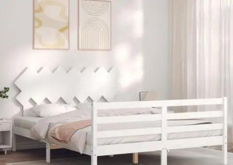 Cadru de pat cu tăblie, 140x190 cm, alb, lemn masiv - 3/5