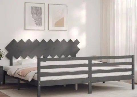 Cadru pat cu tăblie 200x200 cm, gri, lemn masiv - 1/5