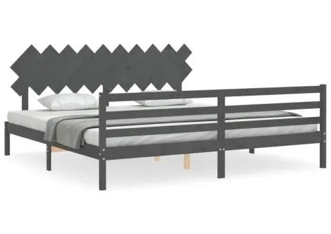 Cadru pat cu tăblie 200x200 cm, gri, lemn masiv - 2/5