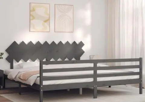 Cadru pat cu tăblie 200x200 cm, gri, lemn masiv - 3/5