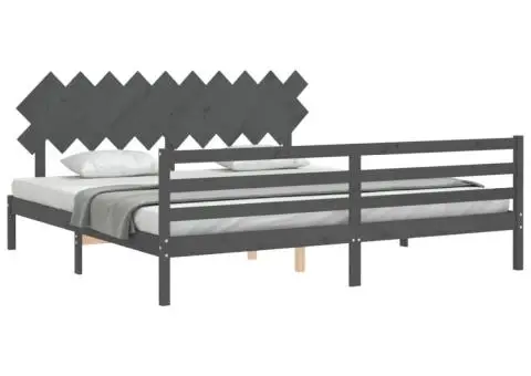 Cadru pat cu tăblie 200x200 cm, gri, lemn masiv - 4/5