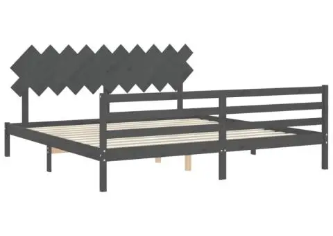 Cadru pat cu tăblie 200x200 cm, gri, lemn masiv - 5/5