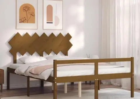 Cadru de pat senior cu tăblie, maro miere, king size lemn masiv - 1/5