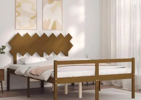 Cadru de pat senior cu tăblie, maro miere, king size lemn masiv - 3/5