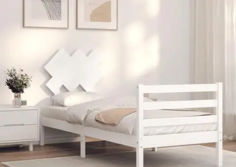 Cadru de pat cu tăblie single, alb, lemn masiv - 1/5