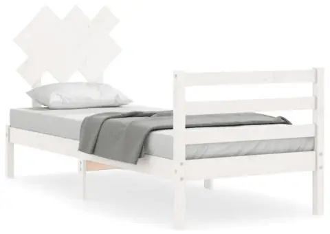 Cadru de pat cu tăblie single, alb, lemn masiv - 2/5