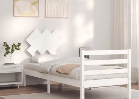 Cadru de pat cu tăblie single, alb, lemn masiv - 3/5