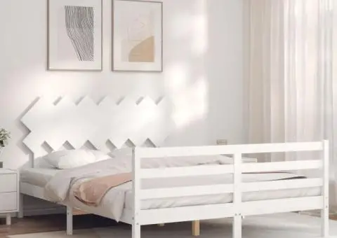 Cadru de pat cu tăblie, alb, king size, lemn masiv - 1/5