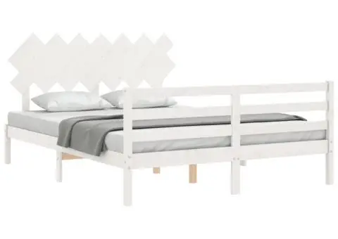 Cadru de pat cu tăblie, alb, king size, lemn masiv - 4/5