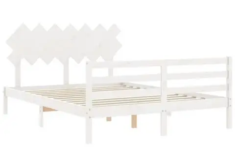 Cadru de pat cu tăblie, alb, king size, lemn masiv - 5/5