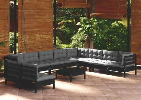 Set mobilier grădină cu perne, 11 piese, negru, lemn masiv pin - 1/5