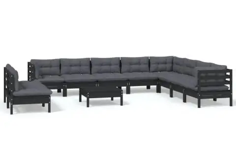 Set mobilier grădină cu perne, 11 piese, negru, lemn masiv pin - 2/5