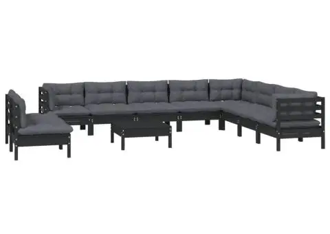 Set mobilier grădină cu perne, 11 piese, negru, lemn masiv pin - 3/5