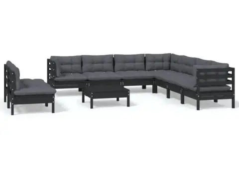 Set mobilier de grădină cu perne 10 piese negru lemn masiv pin - 2/5