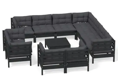 Set mobilier grădină cu perne, 12 piese, negru, lemn masiv pin - 2/5