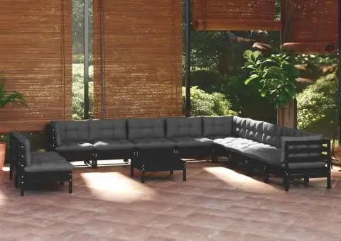 Set mobilier grădină cu perne, 12 piese, negru, lemn masiv pin - 1/5
