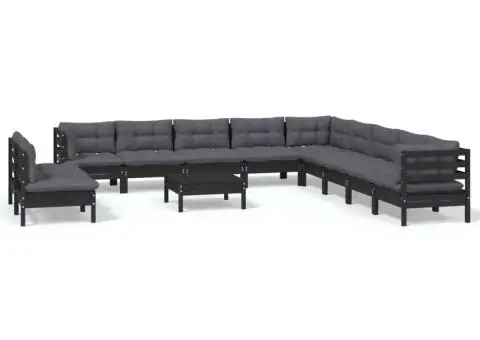Set mobilier grădină cu perne, 12 piese, negru, lemn masiv pin - 2/5