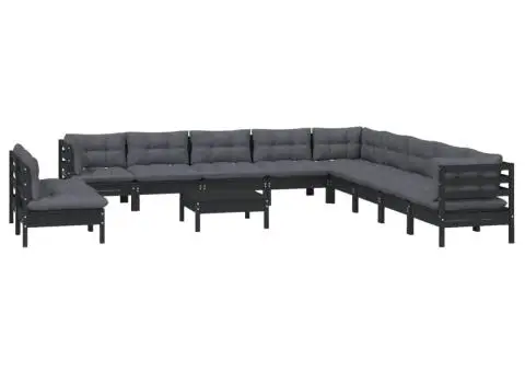 Set mobilier grădină cu perne, 12 piese, negru, lemn masiv pin - 3/5
