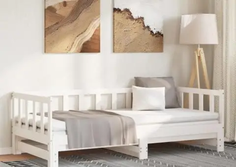 Pat de zi extensibil, alb, 2x(90x200) cm, lemn masiv de pin - 1/5