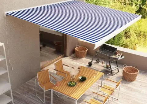 Copertină manuală tip casetă, albastru și alb, 500 x 300 cm - 1/5