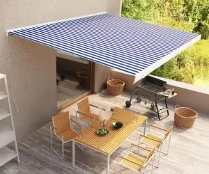 vidaXL Copertină manuală tip casetă, albastru și alb, 500 x 300 cm