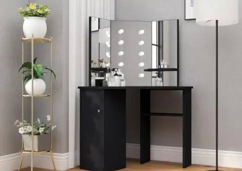 Masă de toaletă de colț, cu LED, negru, 111x54x141,5 cm - 1/5