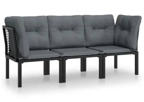Set mobilier de grădină cu perne, 3 piese, negru/gri, poliratan - 2/5