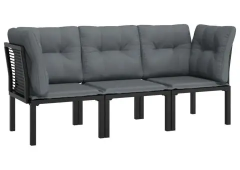 Set mobilier de grădină cu perne, 3 piese, negru/gri, poliratan - 3/5
