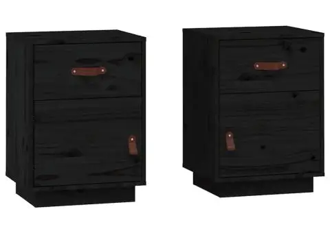 Noptiere, 2 buc., negru, 40x34x55 cm, lemn masiv de pin - 2/5