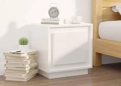 Noptieră, alb extralucios, 44x35x45 cm, lemn prelucrat - 1/5