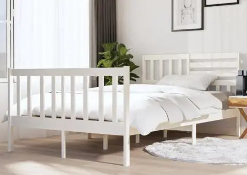 Cadru de pat dublu, alb, 135x190 cm, lemn masiv - 1/5